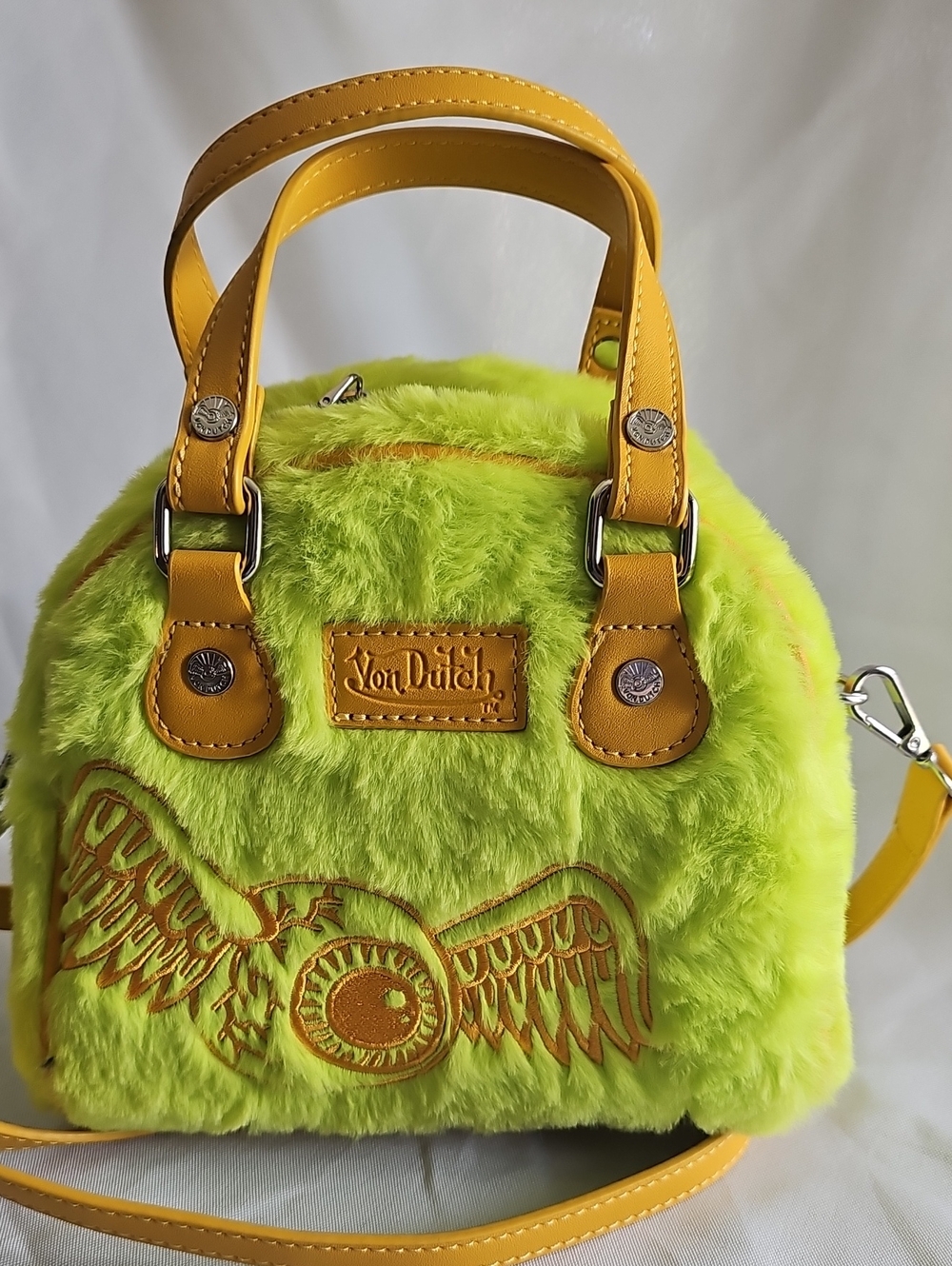 Von Dutch Neon Yellow/green Faux Fur Mini Tote with Golden Yellow Trim - Picture 4 of 12